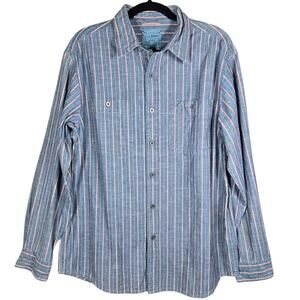 Eddie Bauer Shirt Mens Medium Metal Button Front Blue Red Cotton Stripe Pockets